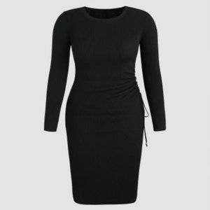 CIDER PLUS SIZE KNIT SOLID RUCHED DRAWSTRING MIDI DRESS
